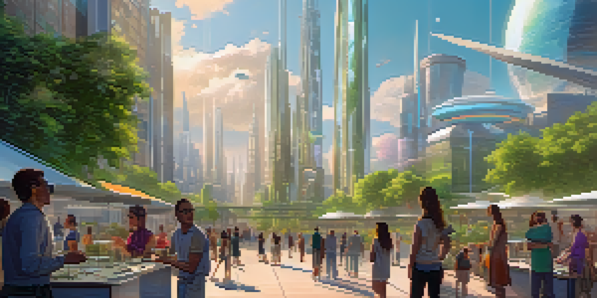 A futuristic city with eco-friendly buildings and a diverse group of artists and collectors discussing digital art.