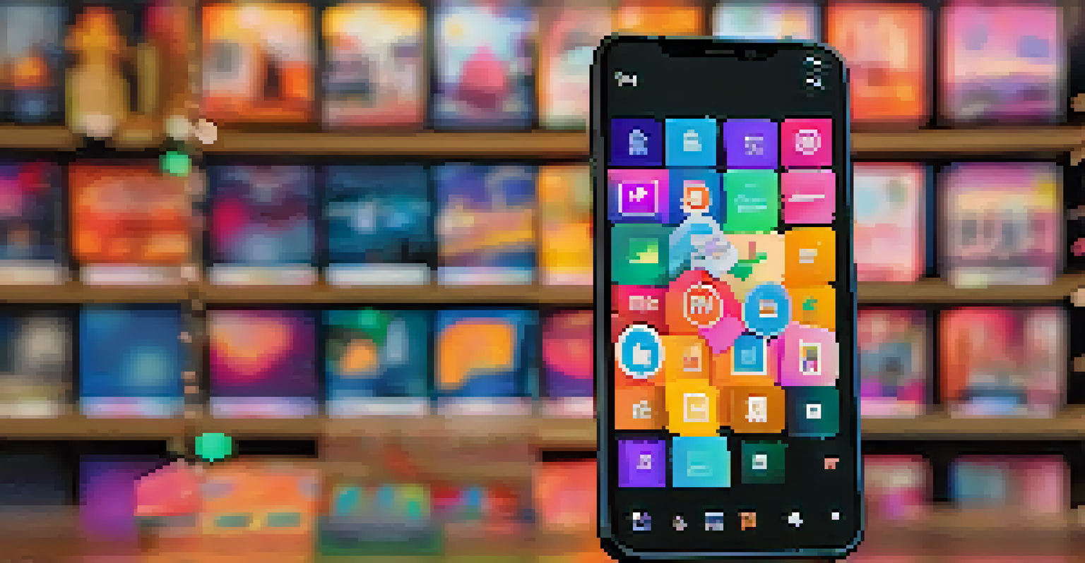 A close-up of a smartphone showing an NFT marketplace app with colorful digital art displayed on the screen.