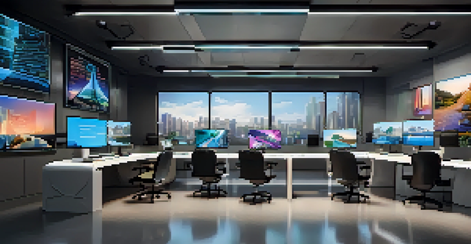 A modern real estate office featuring digital displays of NFT properties and contemporary furniture.