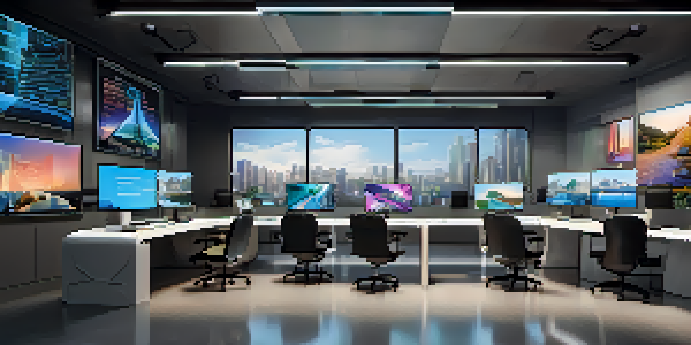 A modern real estate office featuring digital displays of NFT properties and contemporary furniture.