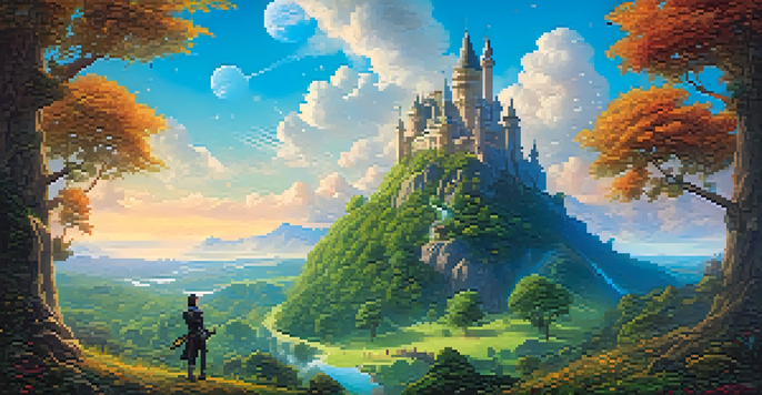 A colorful fantasy landscape with a castle and a player holding a glowing sword, symbolizing ownership in gaming.