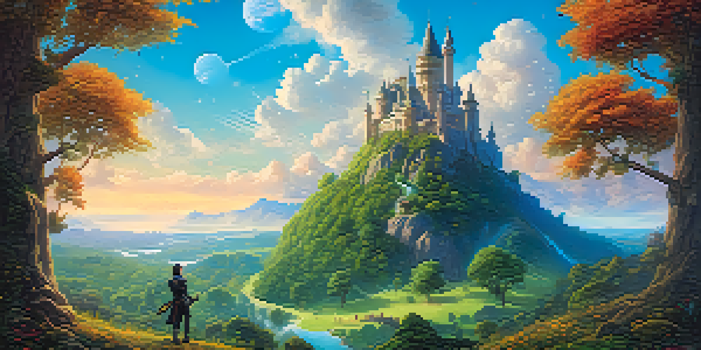 A colorful fantasy landscape with a castle and a player holding a glowing sword, symbolizing ownership in gaming.