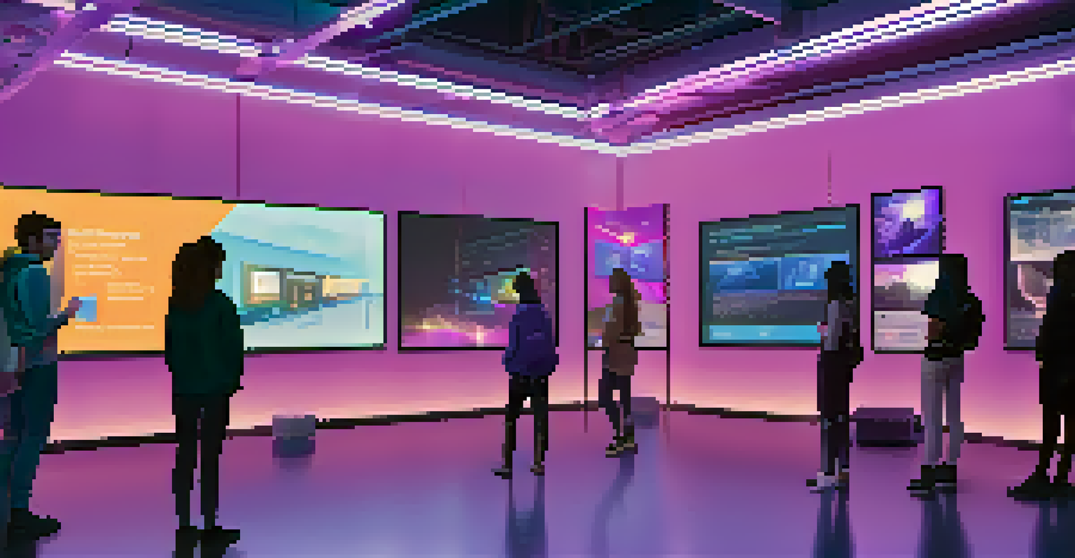A modern digital gallery where students showcase their NFT portfolios of achievements, with interactive screens and peers admiring the work, illuminated by blue and purple lights.