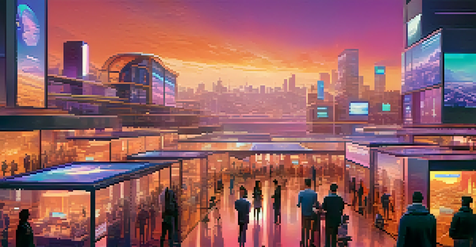 A colorful futuristic real estate marketplace with holographic buildings and people engaging with digital technology at sunset.