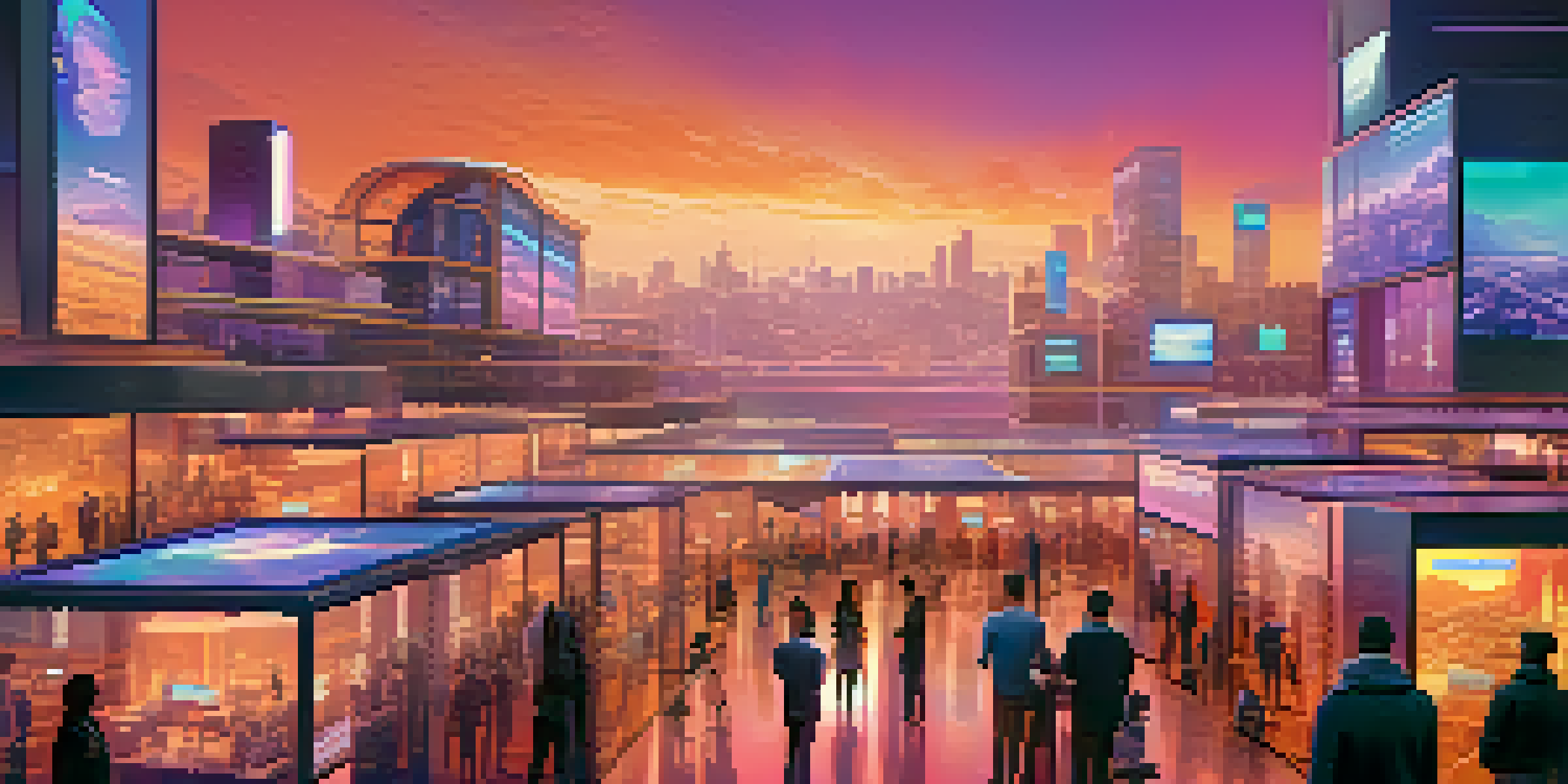 A colorful futuristic real estate marketplace with holographic buildings and people engaging with digital technology at sunset.