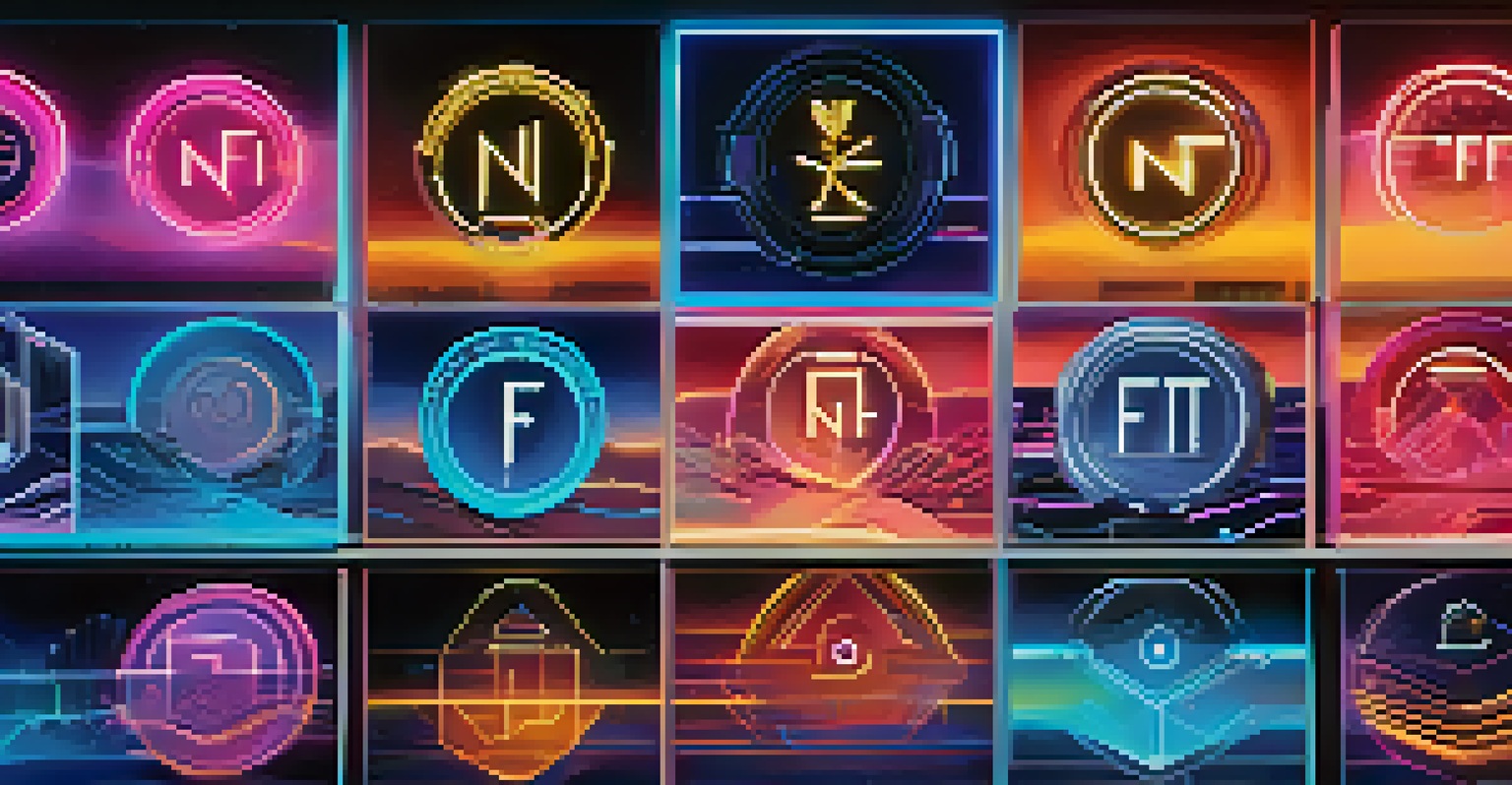 A collection of unique digital badges representing various achievements, displayed on a glowing digital interface.