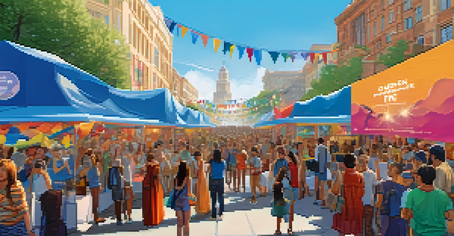 A lively outdoor community event with fans celebrating creators, featuring colorful banners, interactive NFT booths, and a live performance.