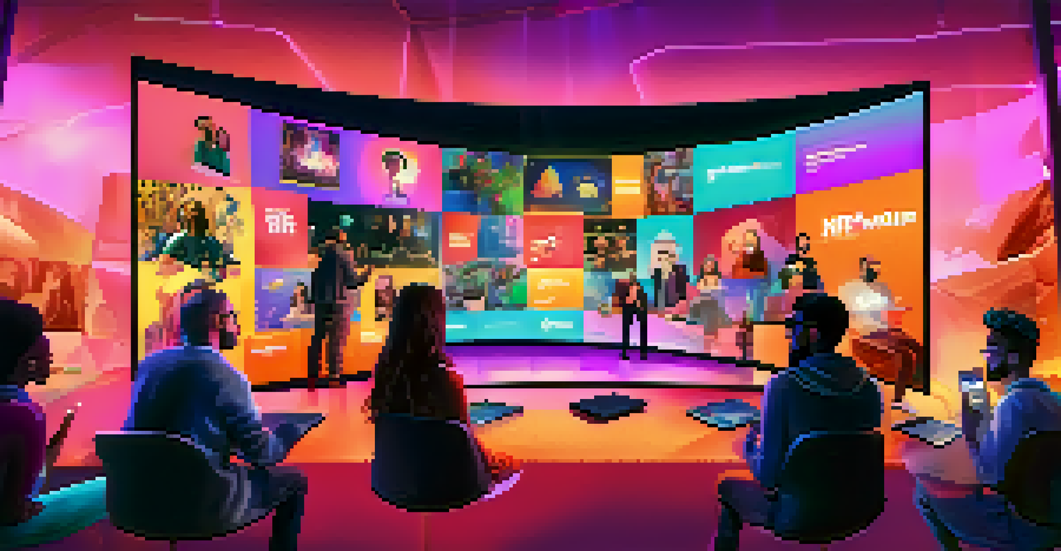 A virtual event with people participating in a live stream about NFTs, with a large screen in the background.