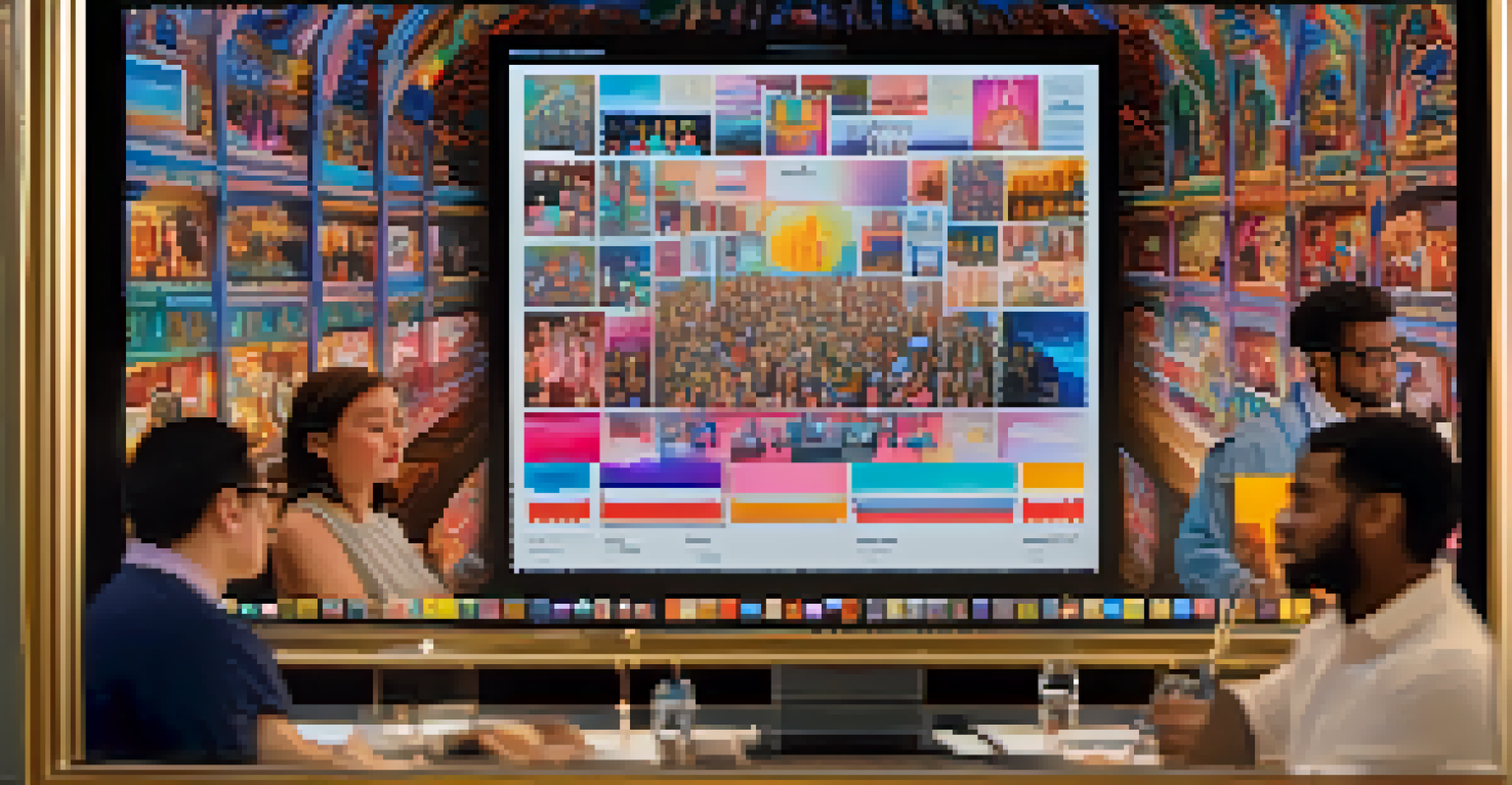 A close-up of a digital auction screen for NFTs, showing unique artworks related to social justice, with diverse hands participating in the bidding.