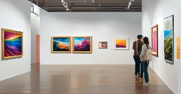 A digital art gallery filled with various colorful NFTs displayed in bright frames, with people admiring the artworks.