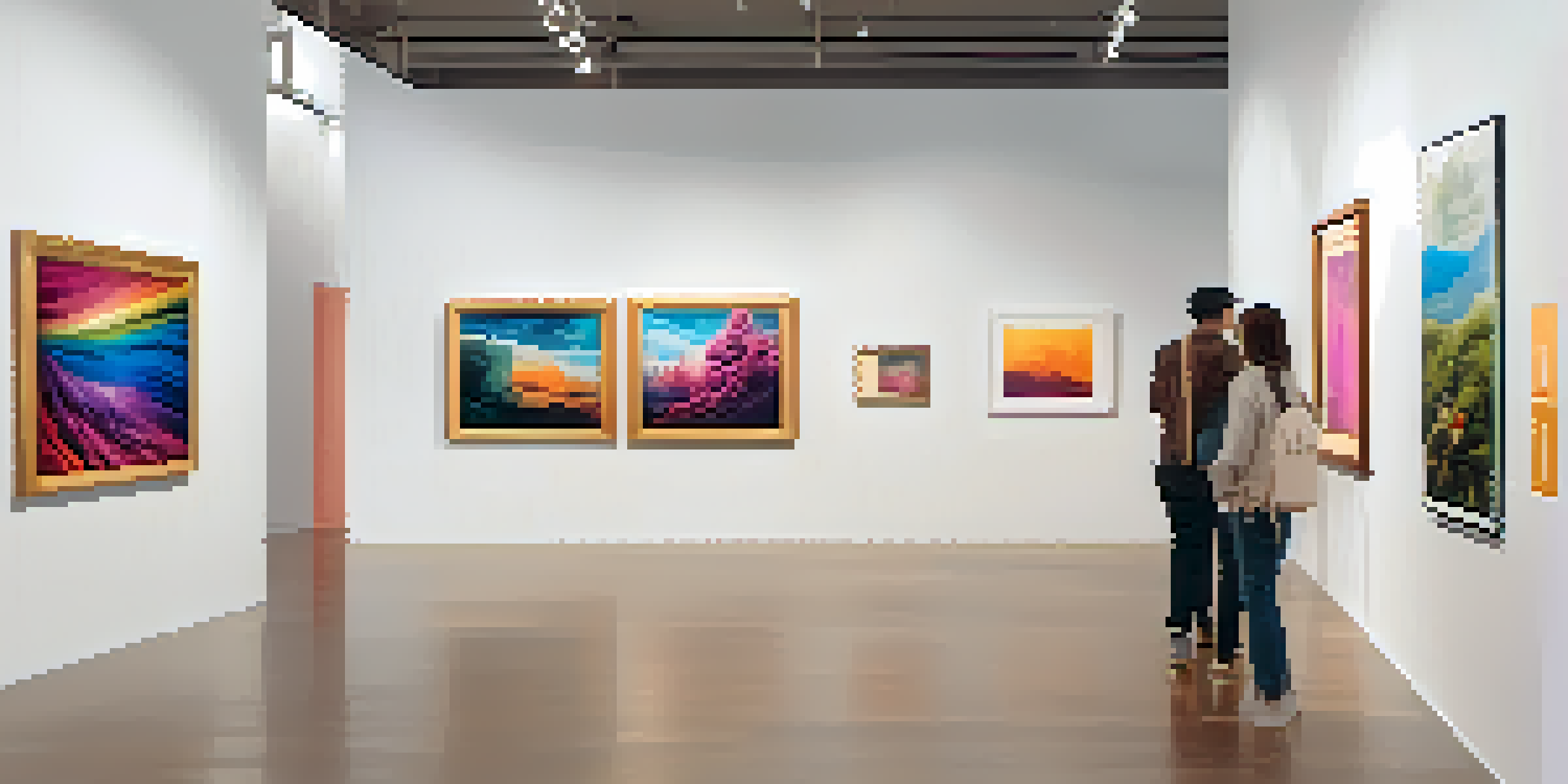 A digital art gallery filled with various colorful NFTs displayed in bright frames, with people admiring the artworks.