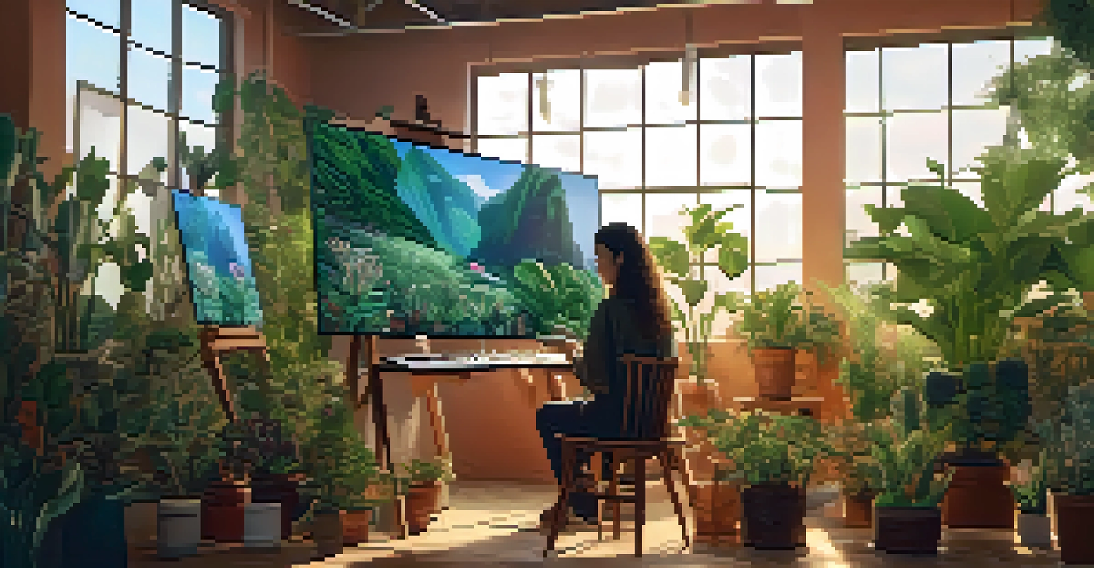 An artist painting in a bright studio with digital screens showing eco-friendly NFTs and greenery around.
