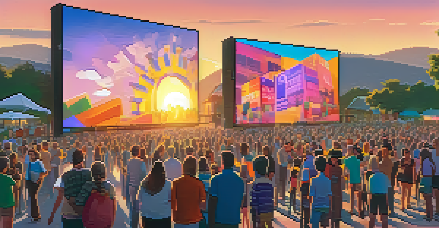 A community event featuring local artists showcasing their NFT artworks on large screens, with a warm sunset and a lively crowd.