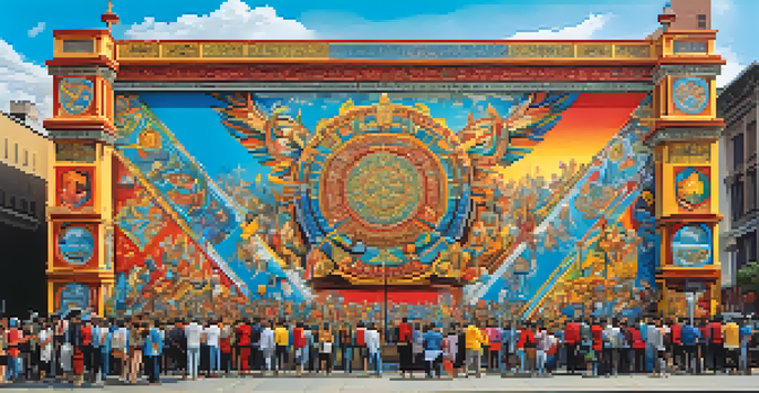 A colorful mural depicting cultural symbols from various countries, set in an urban environment with people observing.