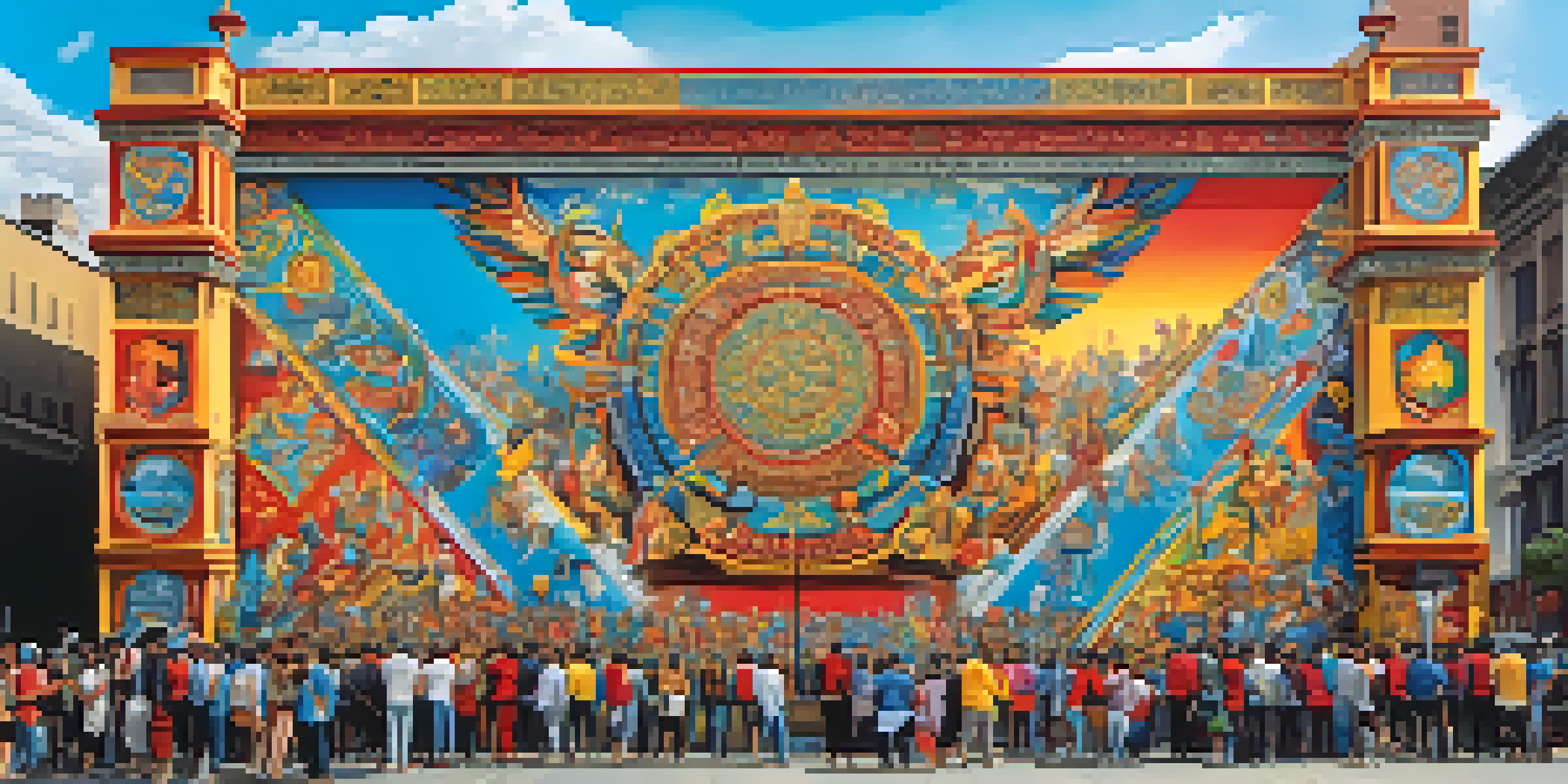 A colorful mural depicting cultural symbols from various countries, set in an urban environment with people observing.