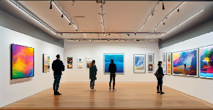 A digital art gallery with colorful NFTs displayed on the walls, people admiring the art, and polished wood flooring.