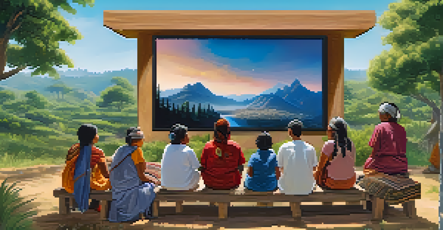 A diverse group of Indigenous community members gathered around a digital screen, smiling and engaging with their collective NFT art project in a lush outdoor setting.