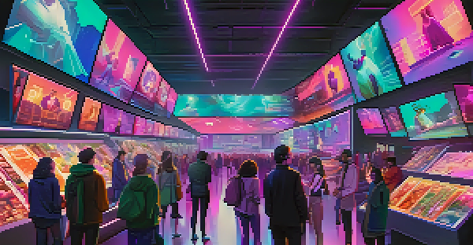 A futuristic digital marketplace with colorful displays of NFTs and people interacting with the artwork.
