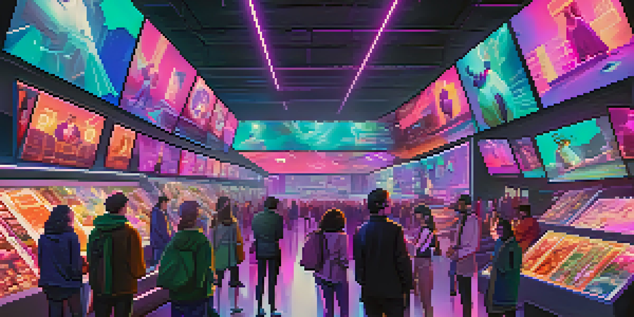 A futuristic digital marketplace with colorful displays of NFTs and people interacting with the artwork.