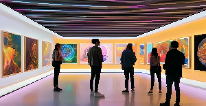A digital art gallery showcasing various NFT artworks, with visitors engaging with the displays.