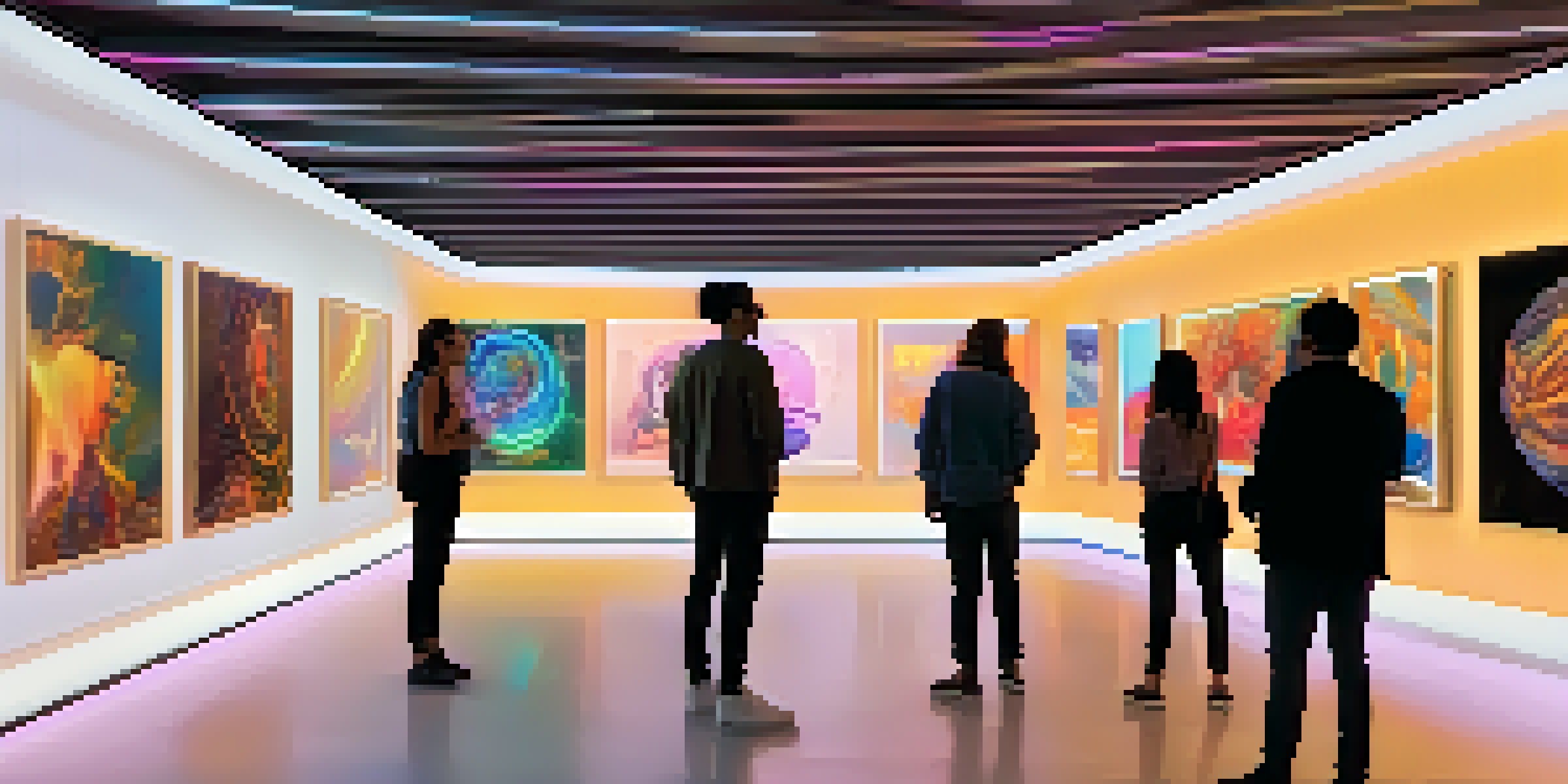 A digital art gallery showcasing various NFT artworks, with visitors engaging with the displays.