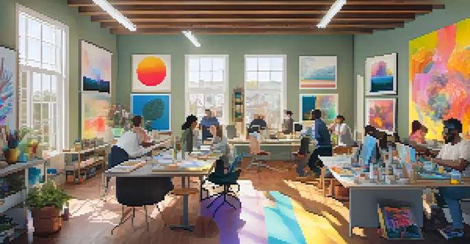 A colorful studio filled with diverse artists collaborating on their projects, surrounded by art supplies and bright sunlight.