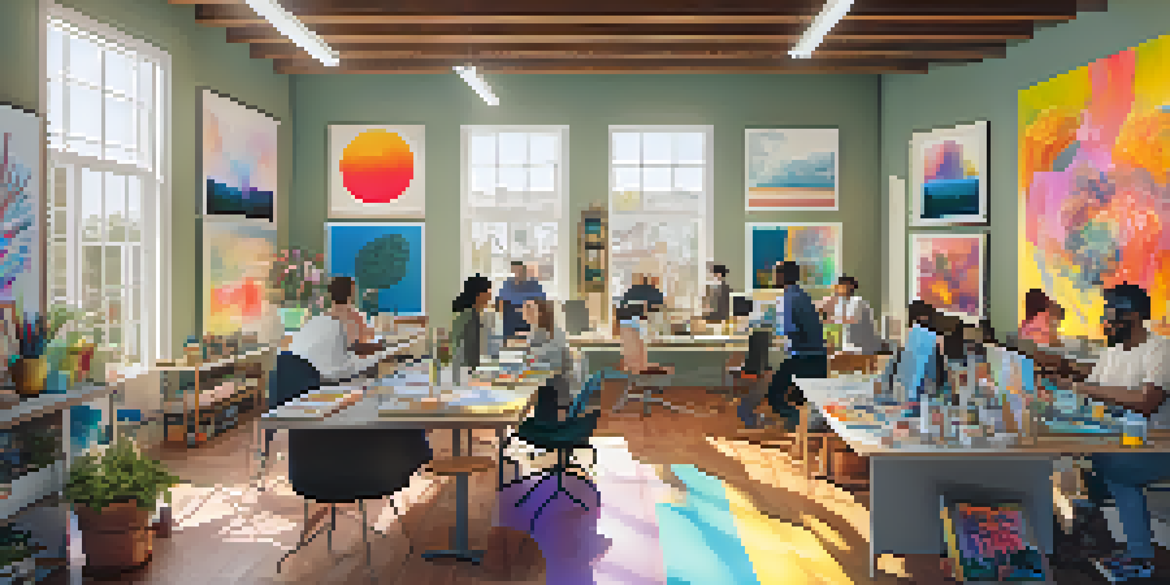 A colorful studio filled with diverse artists collaborating on their projects, surrounded by art supplies and bright sunlight.