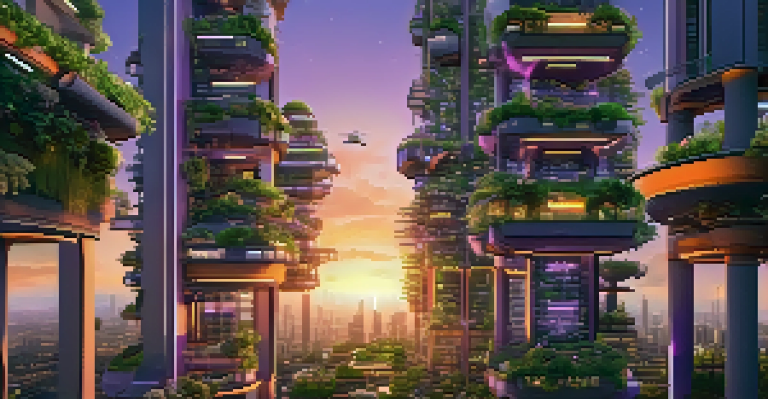 A futuristic city skyline at sunset with green buildings and drones delivering eco-friendly NFTs.