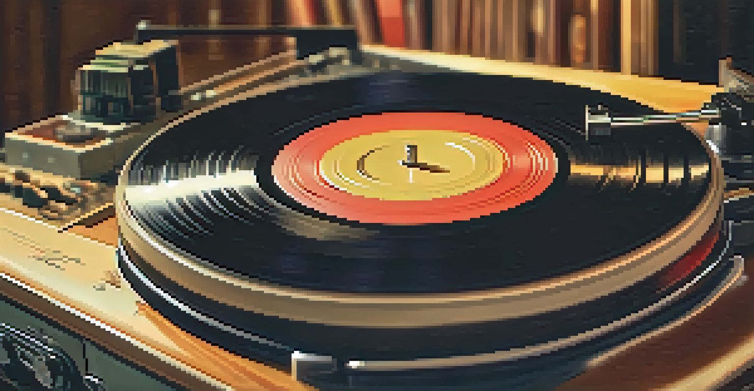 A close-up of a vinyl record on a turntable, illuminated by warm light, evoking nostalgia.