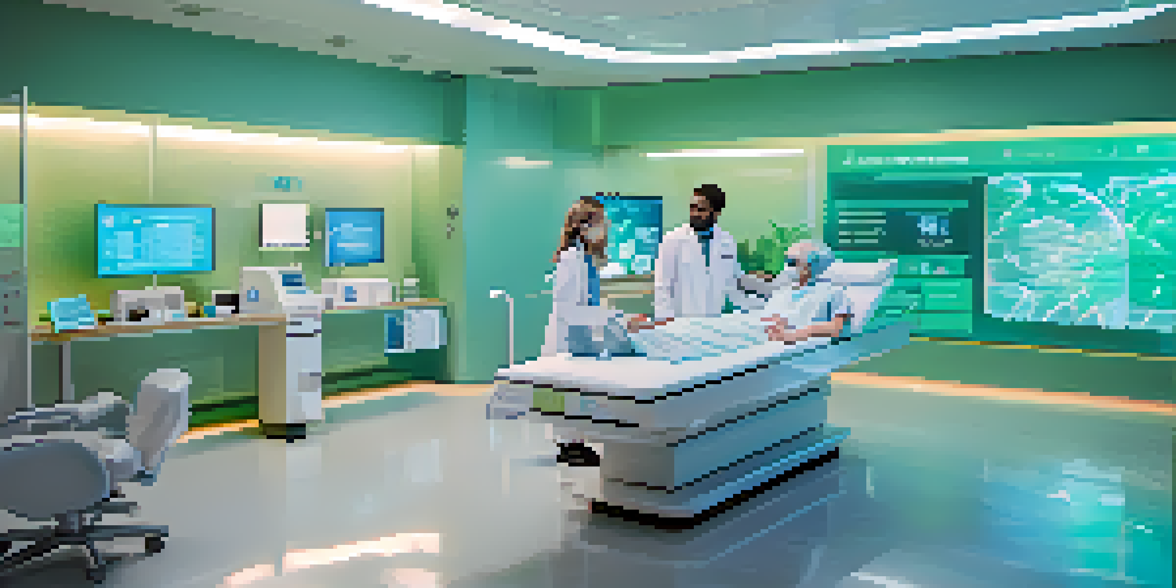 A futuristic healthcare setting with healthcare professionals and patients interacting through holographic digital records, showcasing a sense of empowerment and technology.