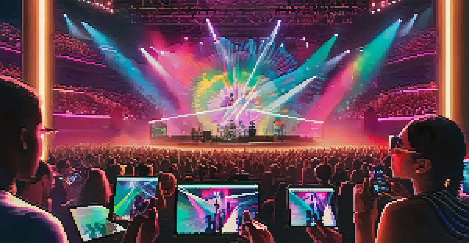 A vibrant concert scene with a musician on stage, colorful lights, and fans capturing the moment with smartphones.