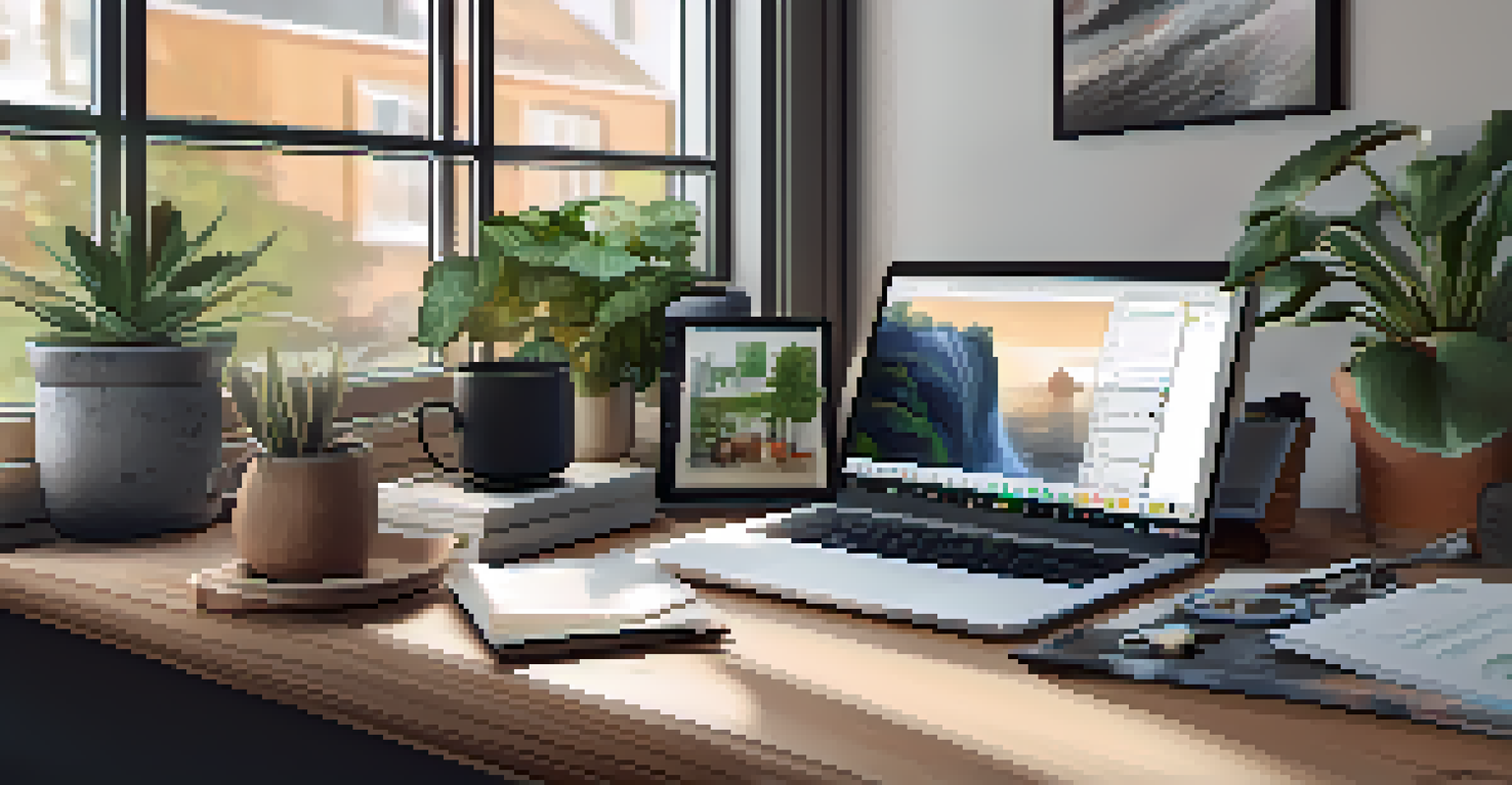 A workspace with a laptop showing an NFT marketplace, surrounded by sketches, houseplants, and a cup of coffee, illuminated by natural light.