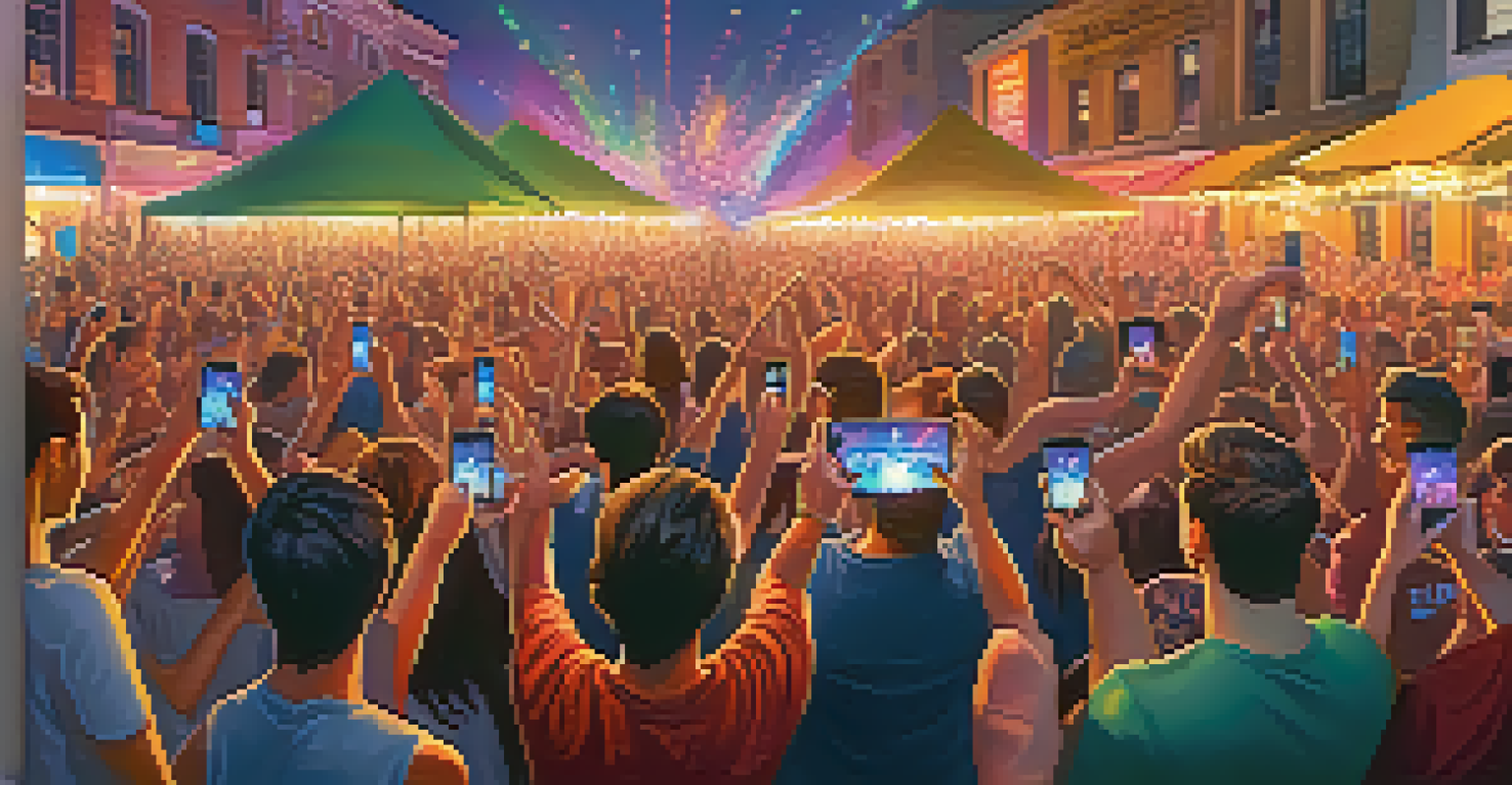 Fans at an outdoor concert showing NFT tickets on their smartphones with a vibrant stage in the background.