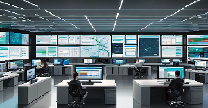 A high-tech supply chain control room with screens showing data and analytics, people collaborating over tablets and laptops.