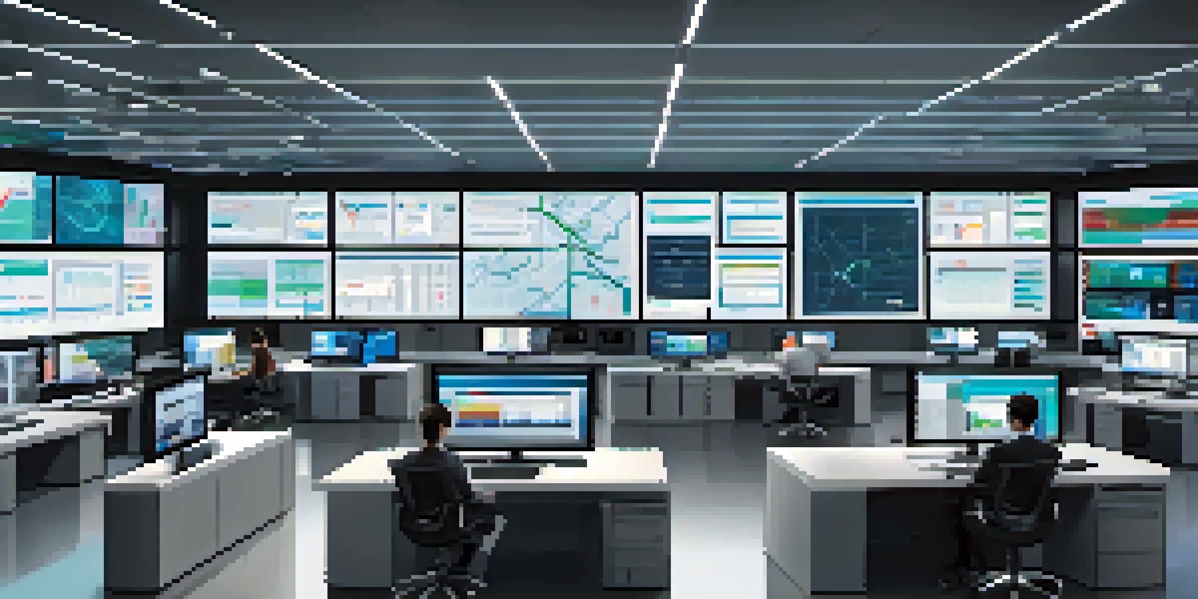 A high-tech supply chain control room with screens showing data and analytics, people collaborating over tablets and laptops.