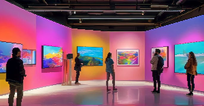 A digital art gallery filled with colorful NFT artworks displayed on screens, with diverse people admiring the pieces in a lively atmosphere.