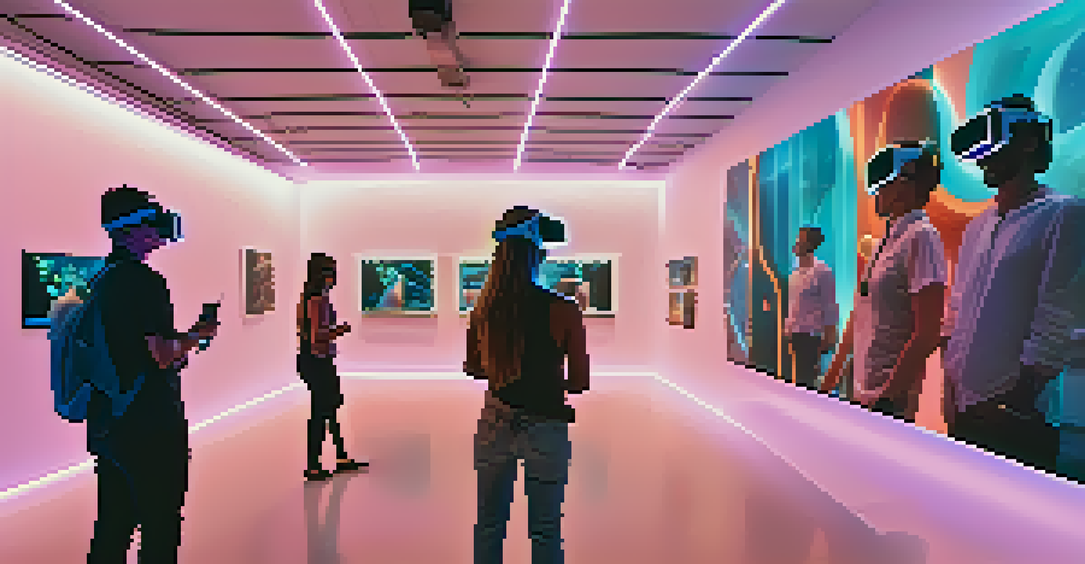 A futuristic virtual gallery where visitors in VR headsets interact with floating digital artworks in a modern, illuminated space.