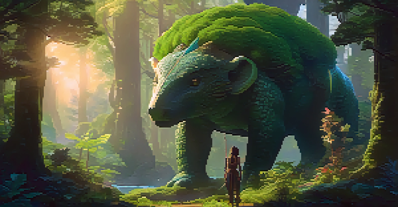 A player character stands next to a unique NFT creature in a magical forest setting.