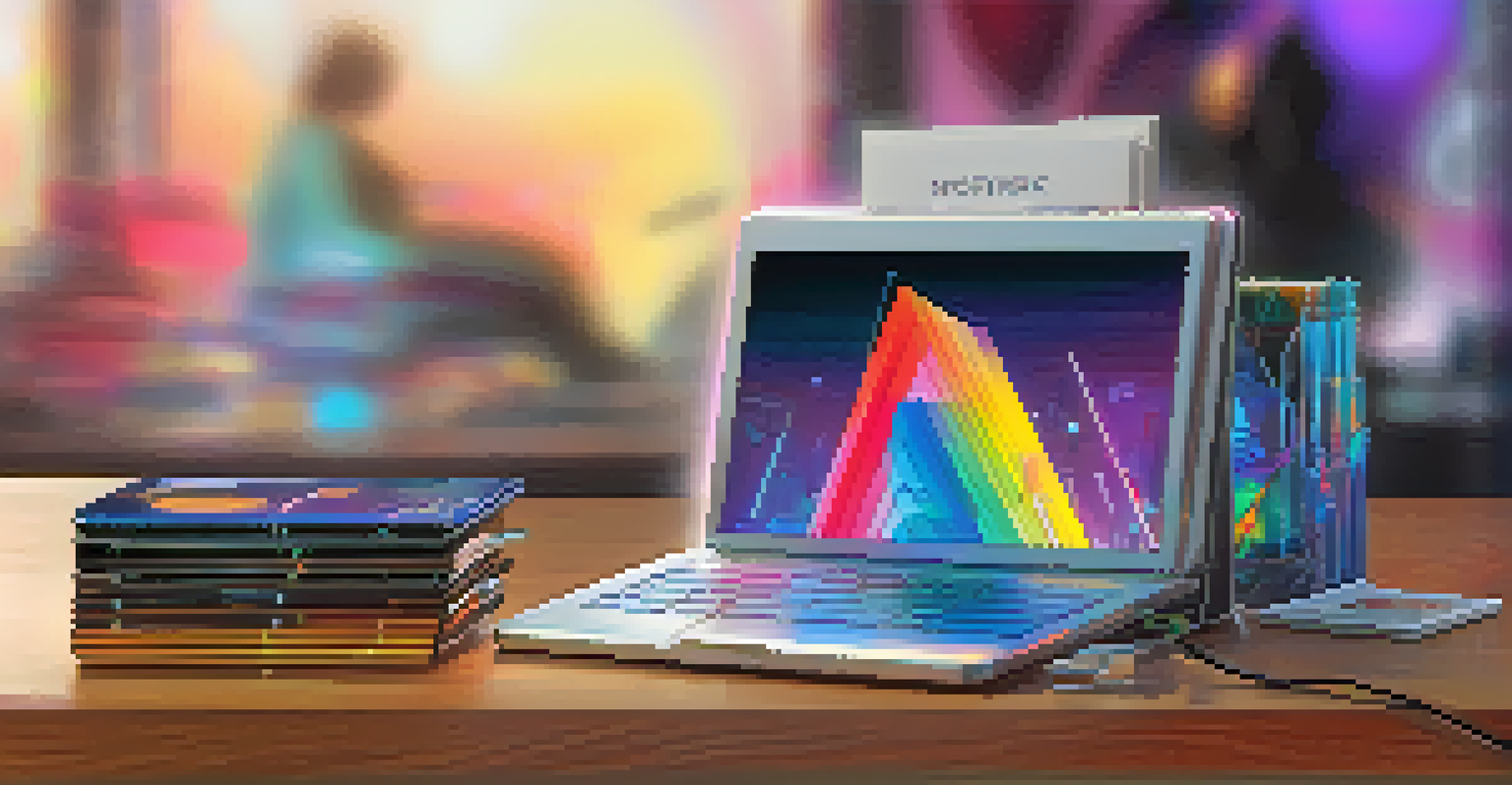 A close-up of a modern hardware wallet on a wooden desk with colorful digital art pieces in the background.