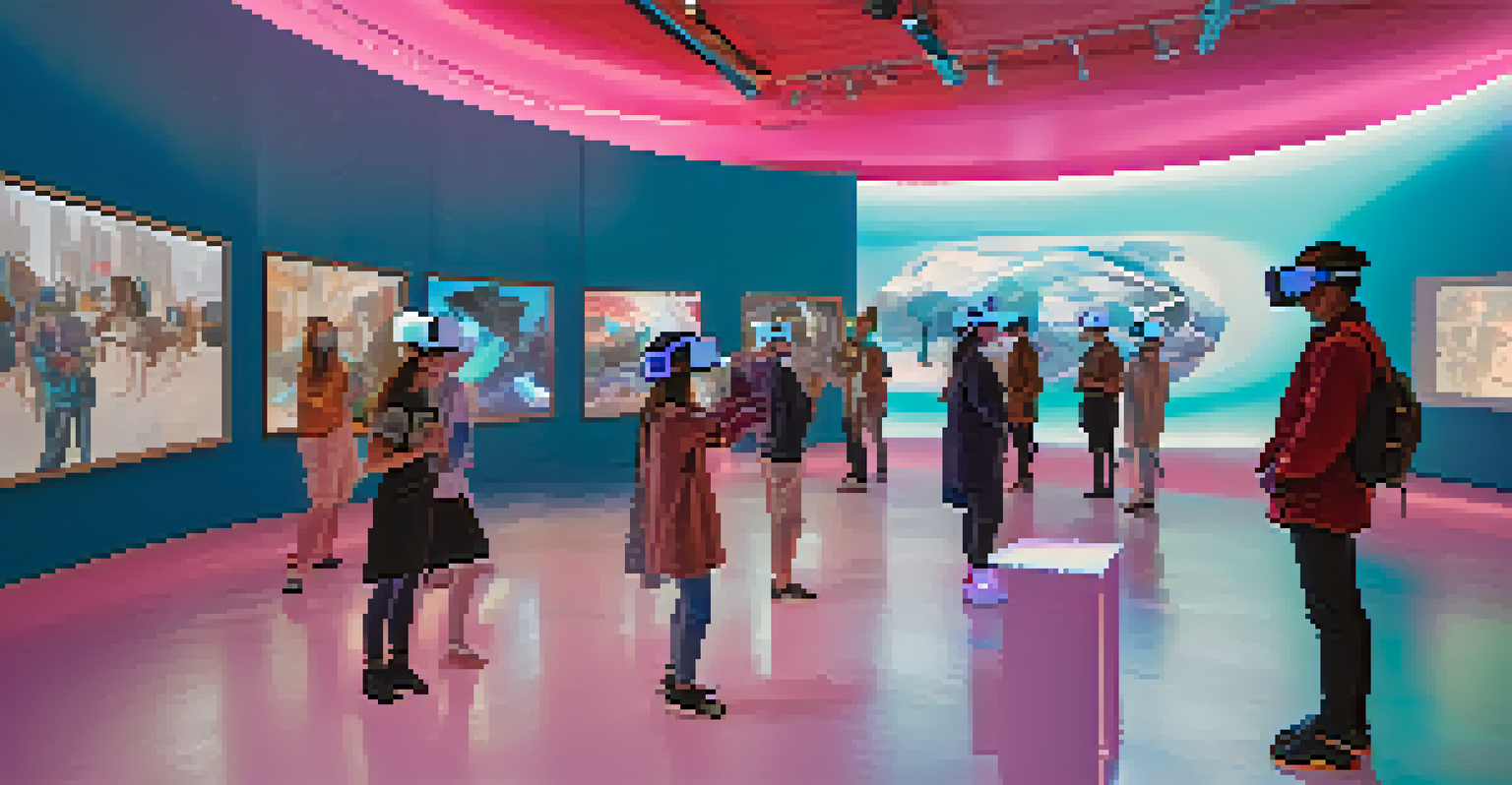 A virtual reality exhibition with attendees exploring famous artworks as NFTs in a modern, high-tech space.