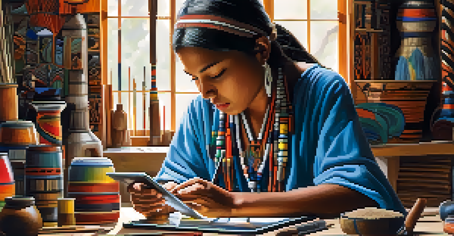 An Indigenous artist working on a digital tablet, with traditional art tools in the background, illuminated by natural light.