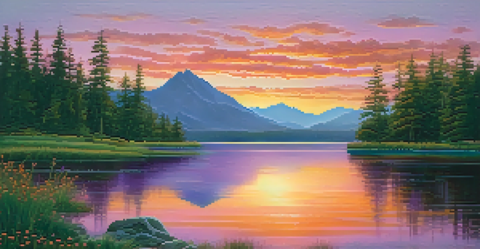 A serene sunset over a calm lake, with mountains in the background and greenery in the foreground.