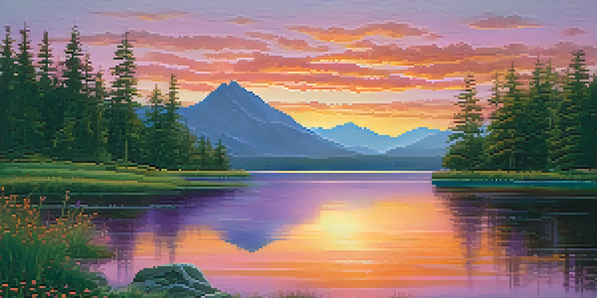 A serene sunset over a calm lake, with mountains in the background and greenery in the foreground.