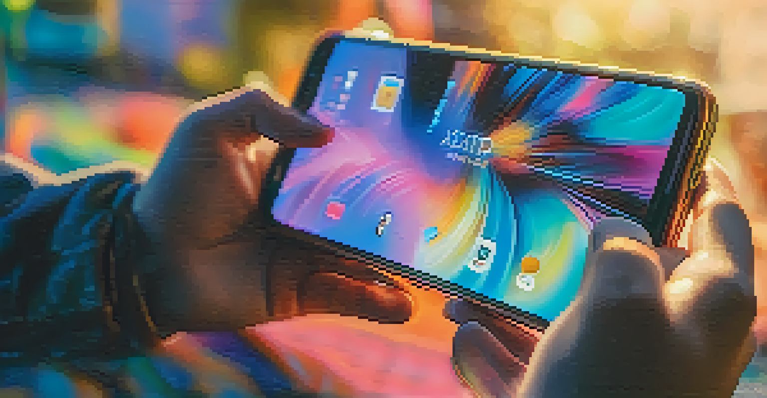A hand holding a smartphone with a colorful NFT art piece displayed on the screen.