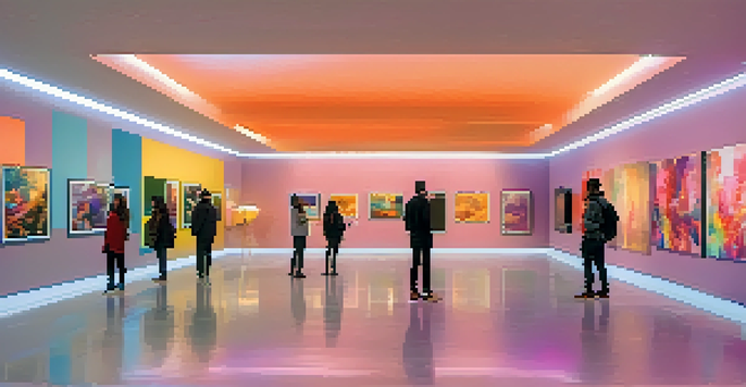 A modern digital art gallery filled with colorful NFT artworks and diverse visitors admiring the pieces.