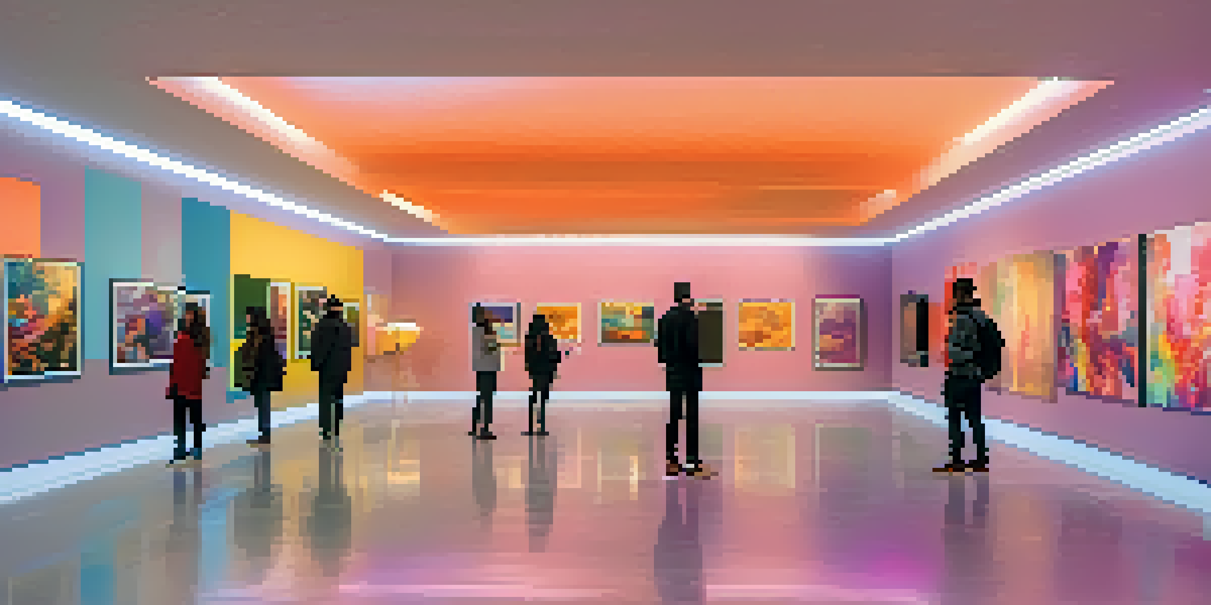 A modern digital art gallery filled with colorful NFT artworks and diverse visitors admiring the pieces.