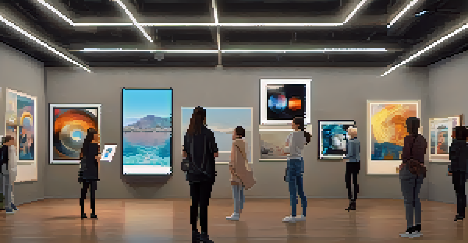 A freelance artist presenting her NFTs in a modern gallery to an engaged audience.