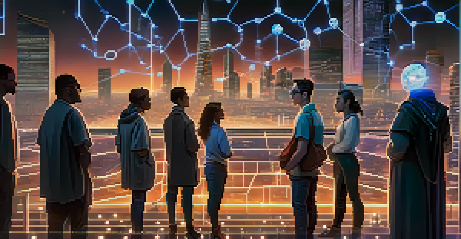 A futuristic cityscape representing a decentralized organization, with glowing nodes and diverse avatars discussing proposals.