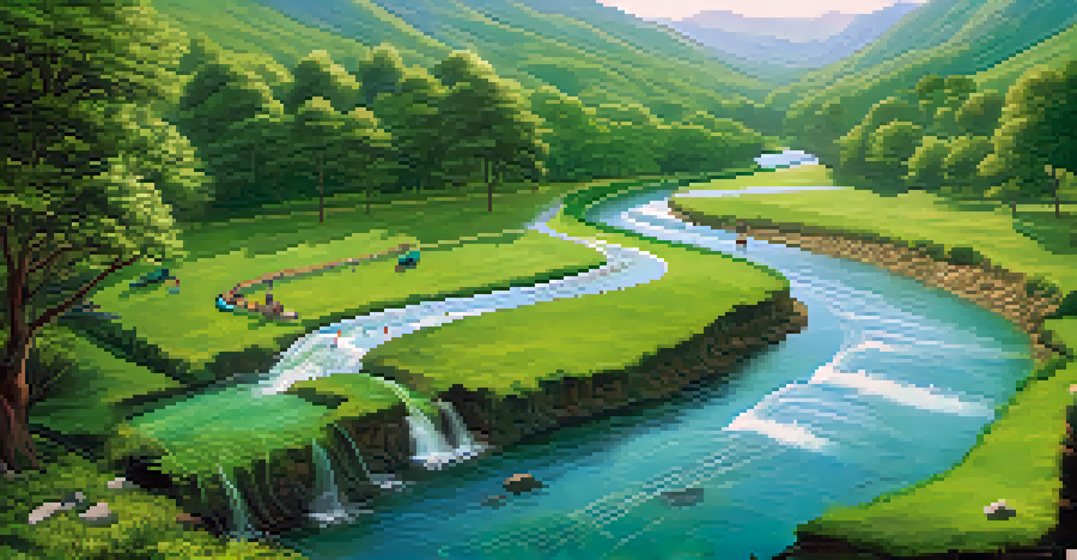 A serene landscape with a flowing river and communities enjoying clean water, overlaid with transparent NFT symbols representing clean water initiatives.