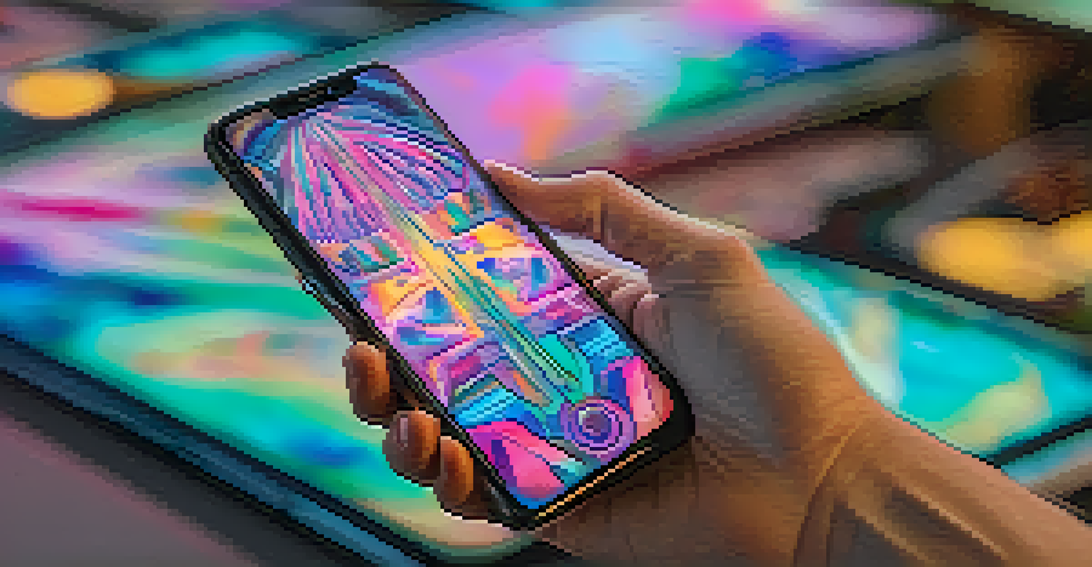 A close-up of a hand holding a smartphone displaying an NFT artwork in a gallery setting.